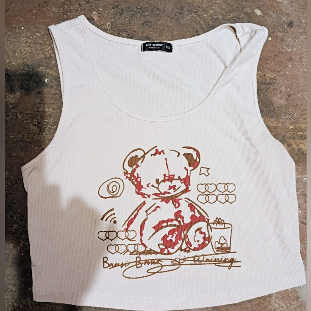 Softly Ribbed Cream Crop Tank with Bear Graphic